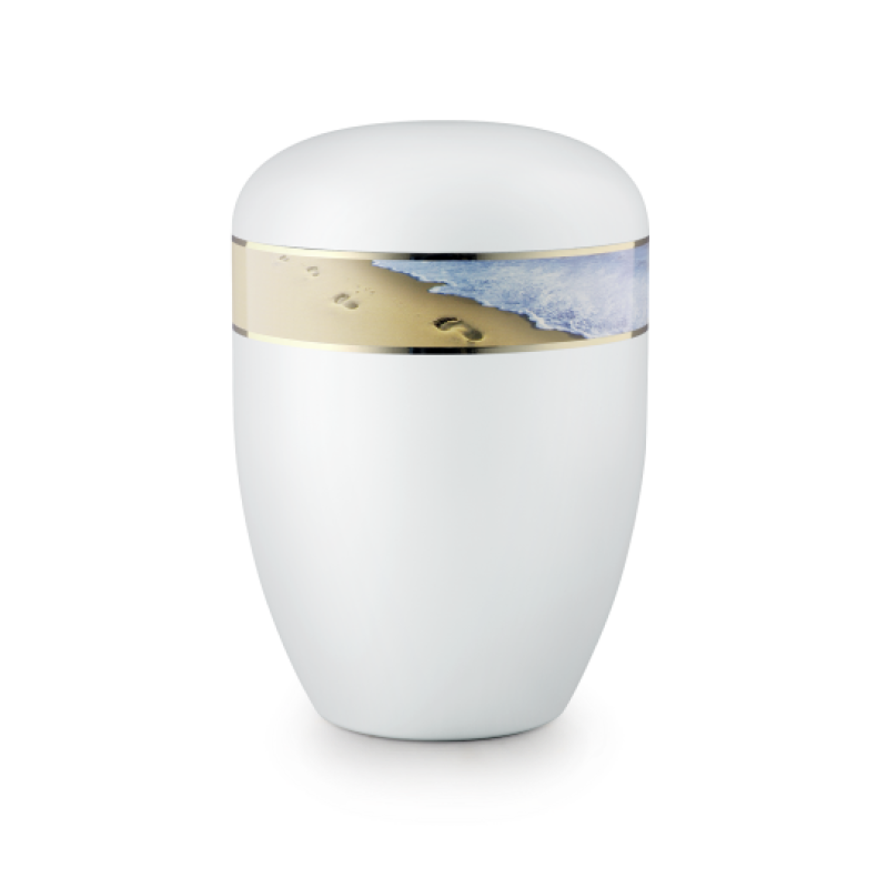 Edition 360°, weiß satiniert, Fußspuren im Sand, biol. abbaub.